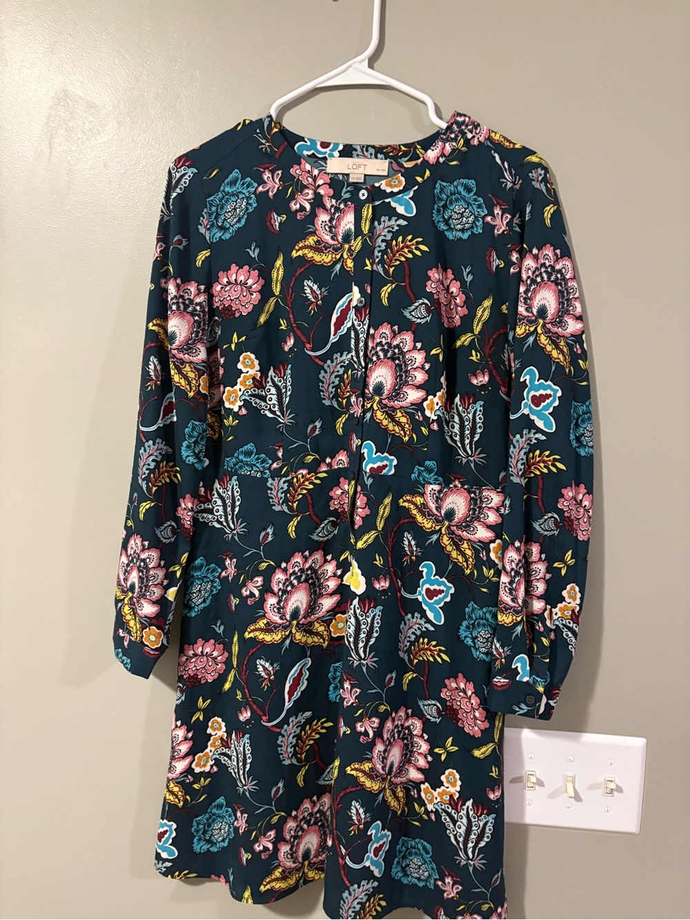 LOFT Teal Floral Button-Neck Tunic Dress with Pink & Yellow Blooms
